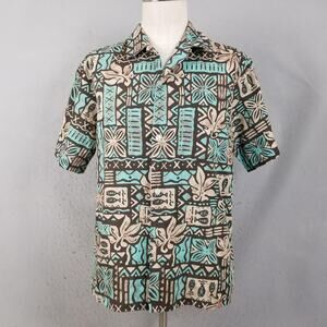 Howie Shirt Mens Medium Brown Teal Aloha Hawaiian Tiki Print Made in Hawaii